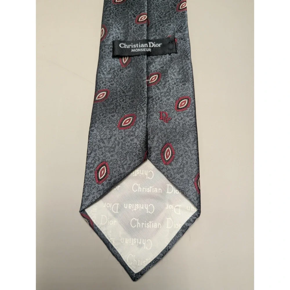 Christian Dior Monsieur Men's Tie Gray Red Geometric Silk Blend Made USA